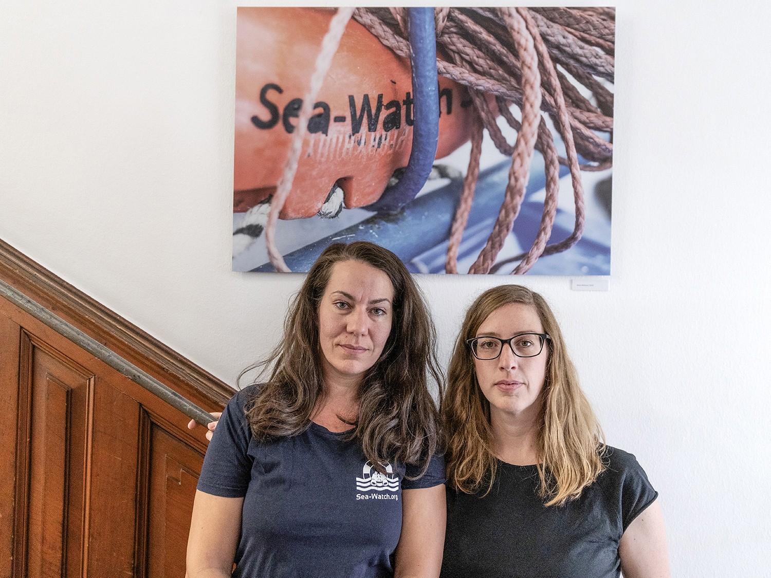 Jelka Kretzschmar and Leonie Neumann, curators of the exhibition “SW5Y - Five years of civil sea rescue”, Weltkulturen Museum 2020. Photo: Barbara Rademacher